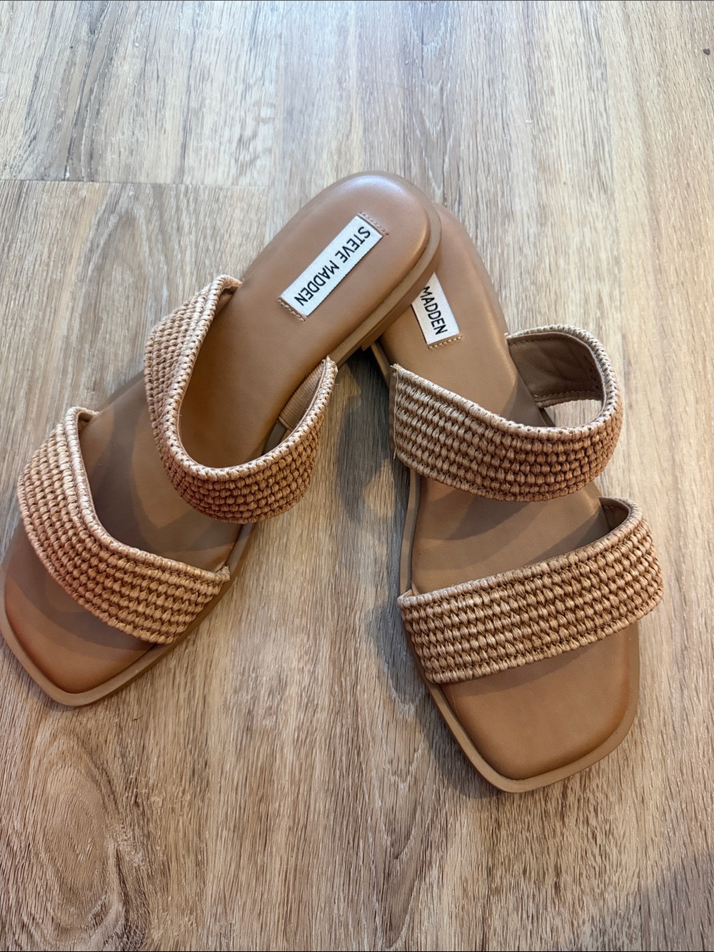 Steve Madden Tan Woven Double-Band Slide Sandals